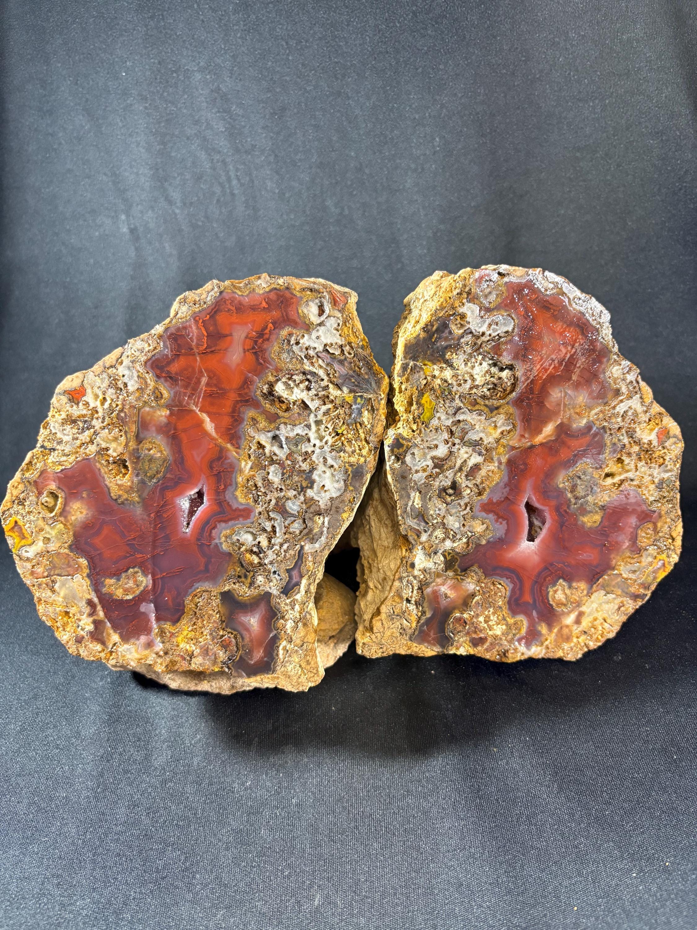 Natural Carnelian Agate Split Nodule Pair with Quartz Pocket