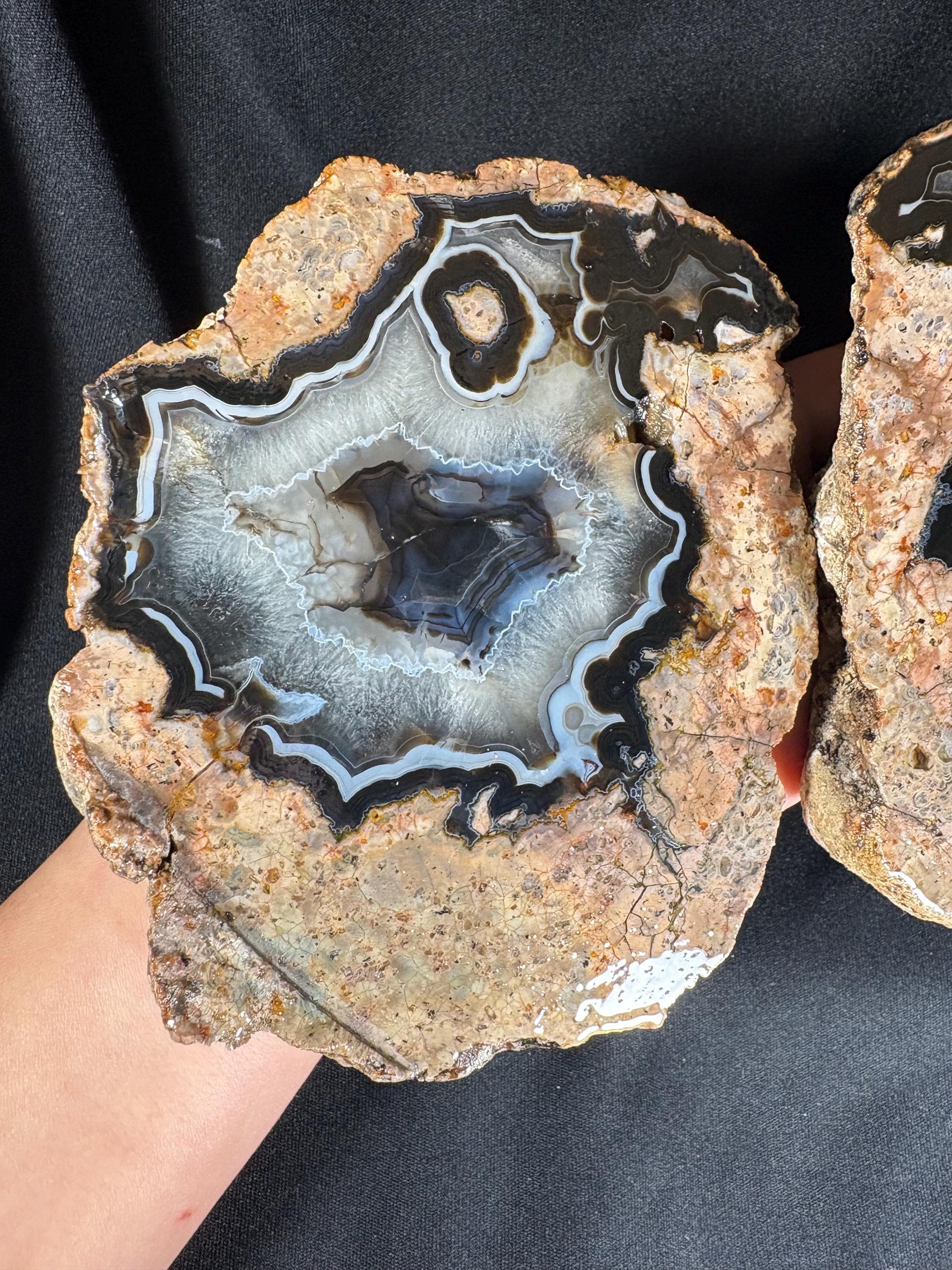 Turkish Eye Agate Geode Pair - Natural Orbicular Evil Eye Protection Stone
