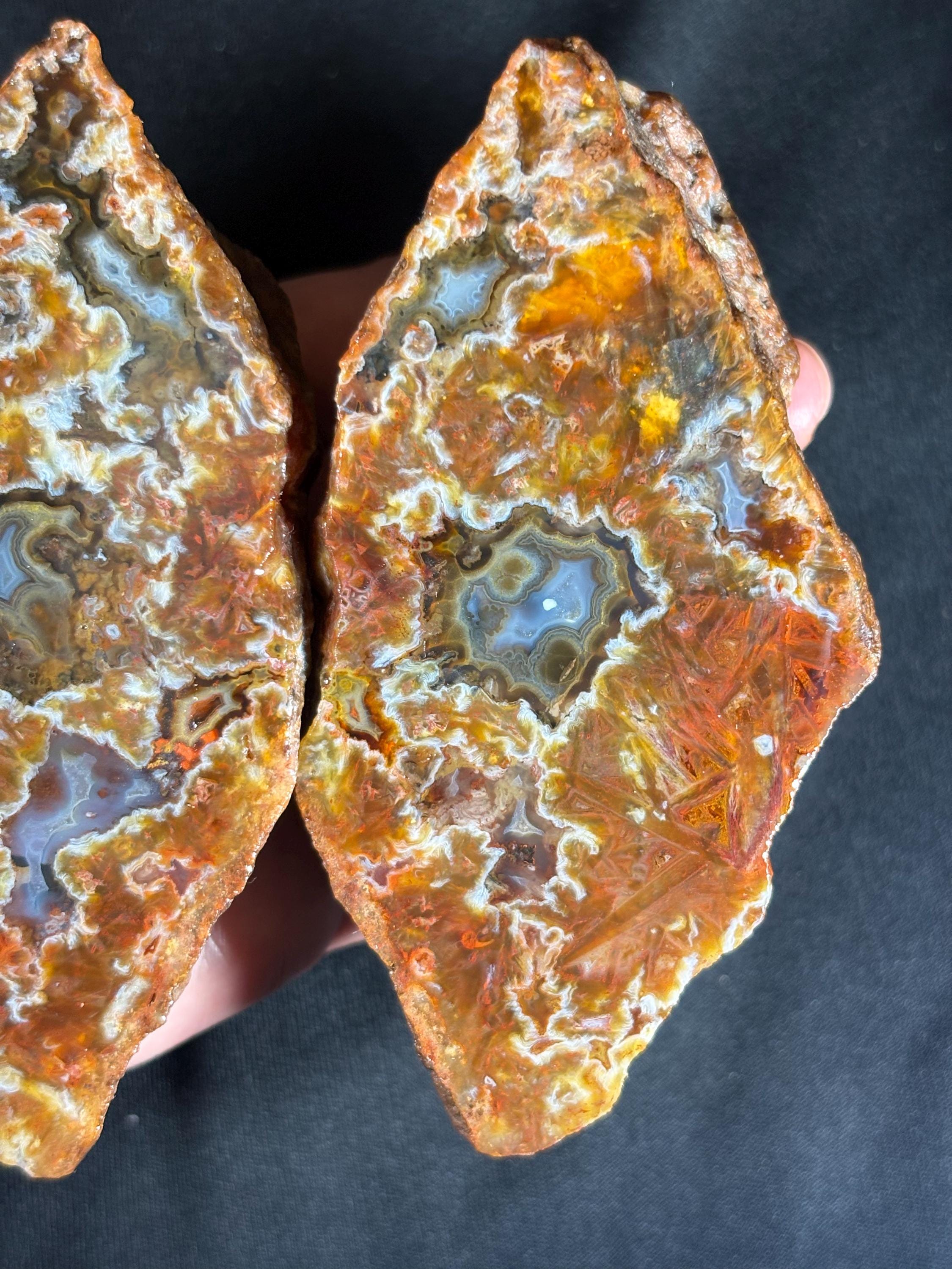 Rare Turkish Stick Agate & Plume Geode Pair