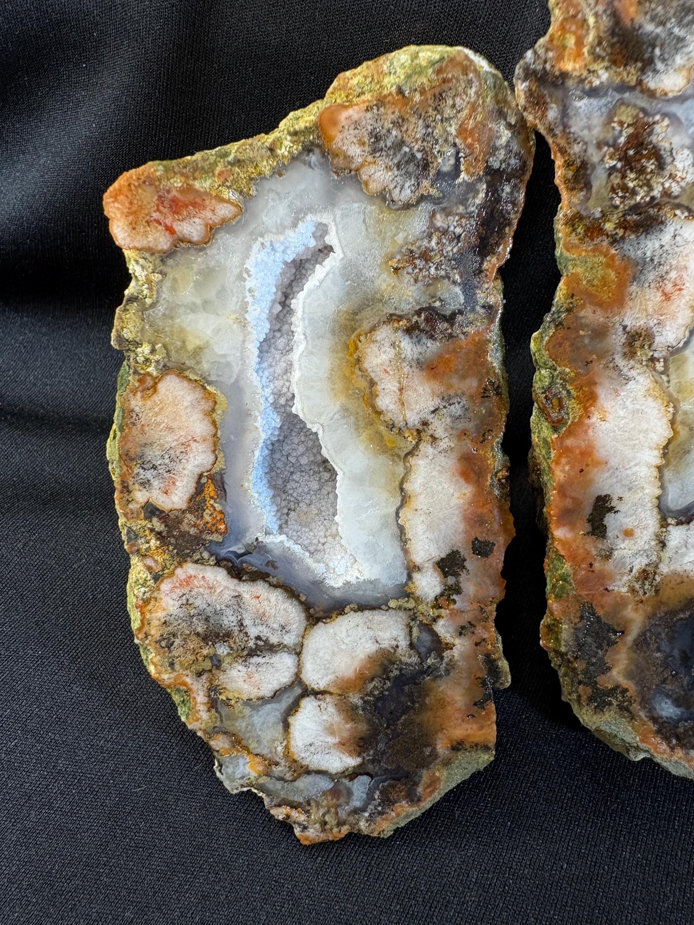 Natural Seam Agate Split Pair with Quartz Druzy