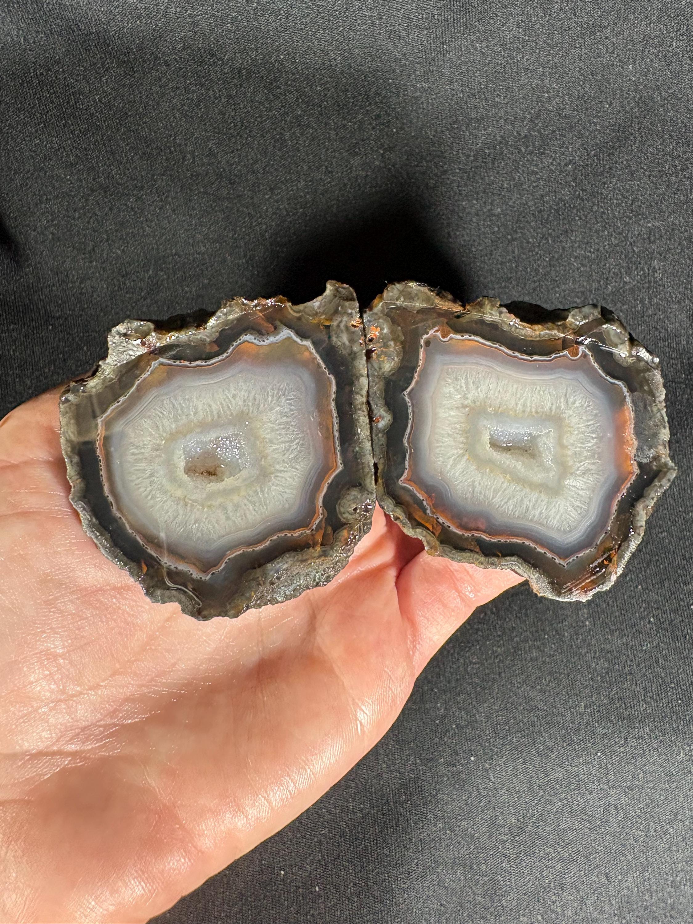 Crystalline Quartz Geode Pair - White Fortification Agate