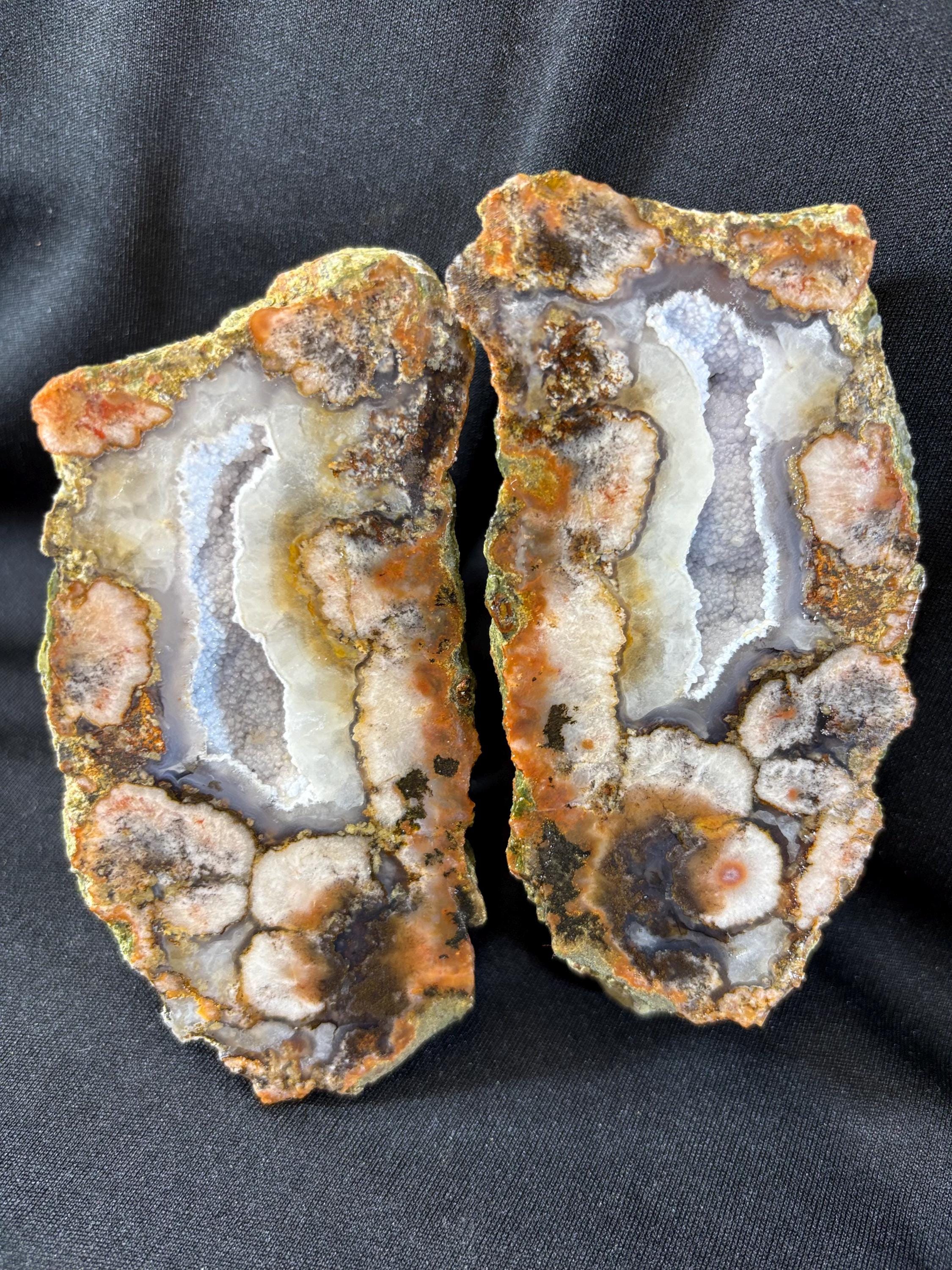 Natural Seam Agate Split Pair with Quartz Druzy