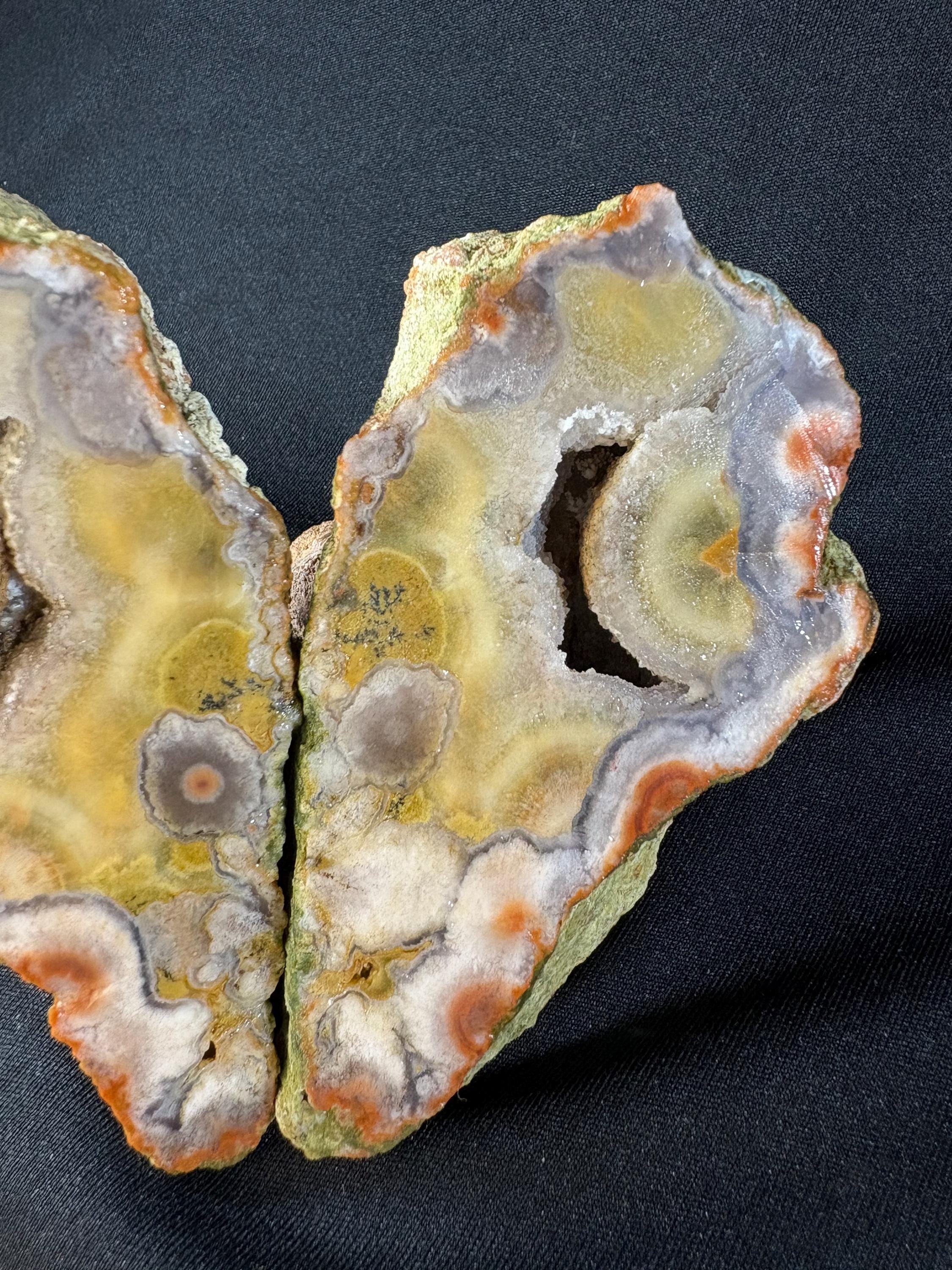 Natural Orbicular Agate Split Pair with Quartz Druzy – Raw Unpolished Agate Nodule