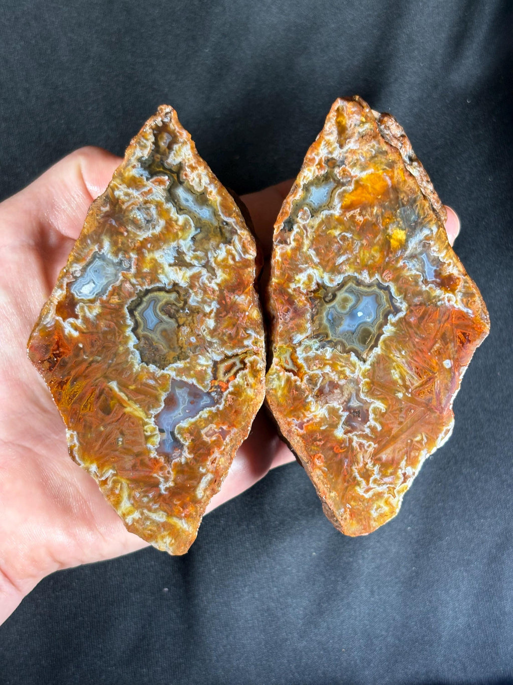 Rare Turkish Stick Agate & Plume Geode Pair