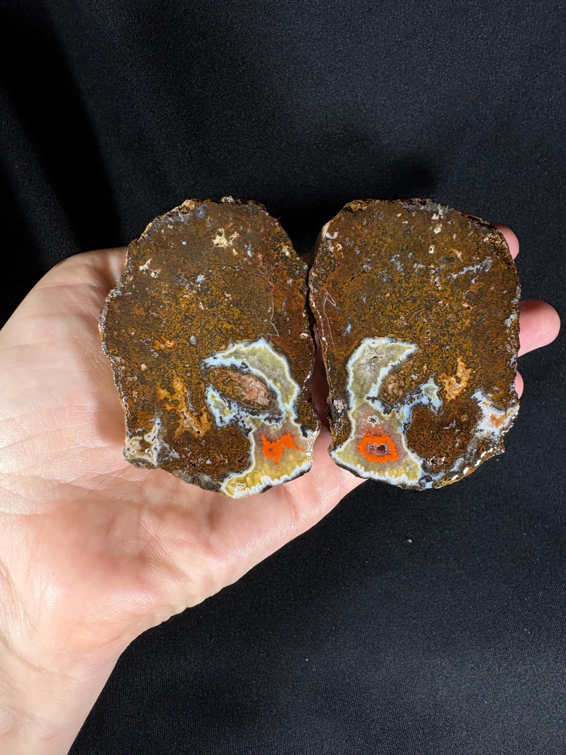 Fire Heart Black Sea Agate Pair