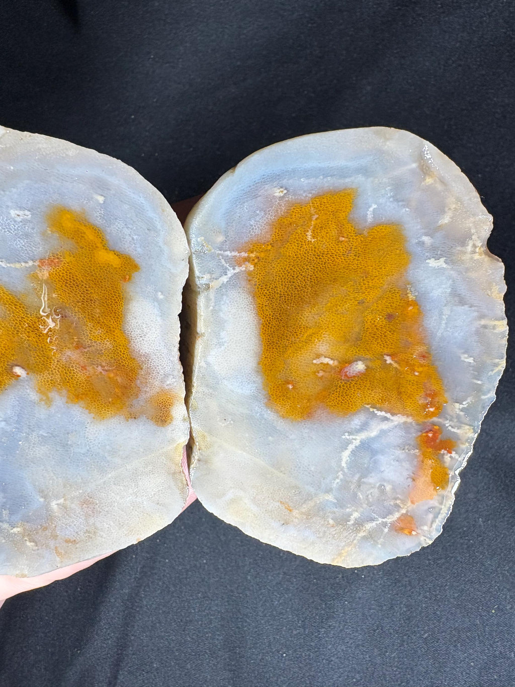 Fried Egg Agate Geode Pair - Sunny Side Up Yellow Plume Center - Raw Fun Collector Specimen