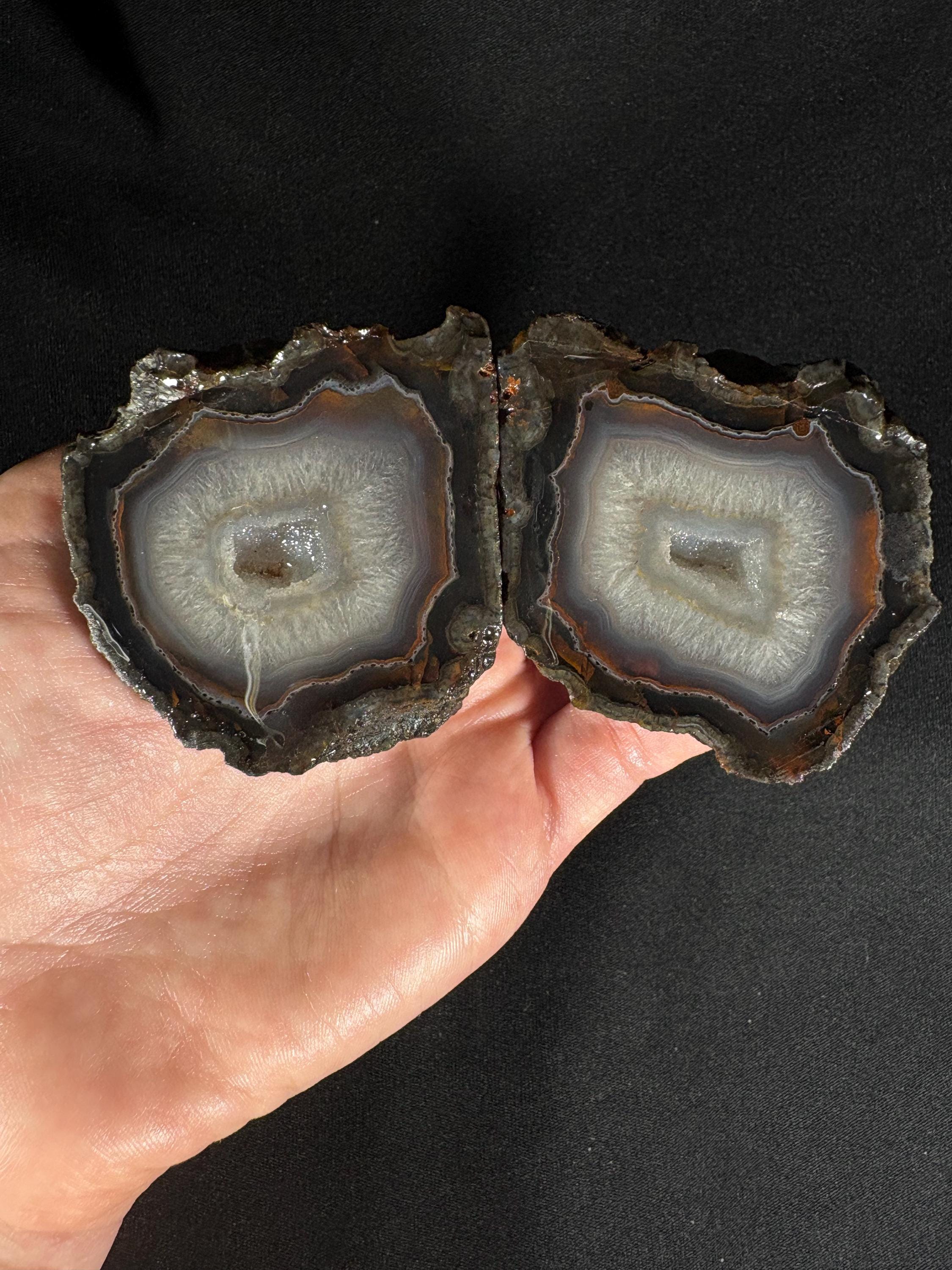 Crystalline Quartz Geode Pair - White Fortification Agate