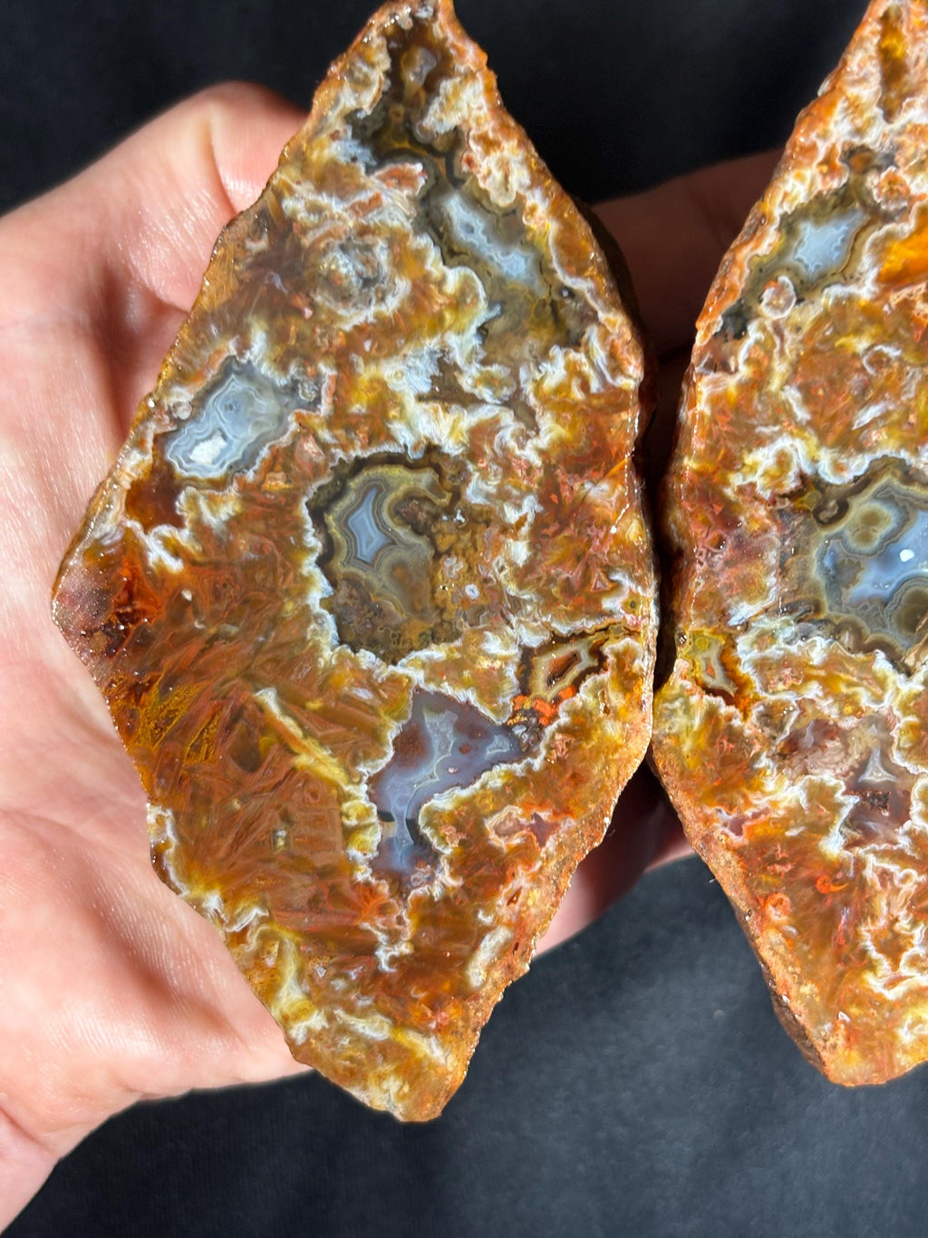 Rare Turkish Stick Agate & Plume Geode Pair